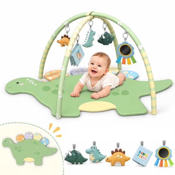 Wonderstone Dinosaur Baby Play Gym Mat, Large Tummy Time Activity Mat with Detachable Sensory Hanging Toys, Soft Floor Mat for Babies 0-12 Months