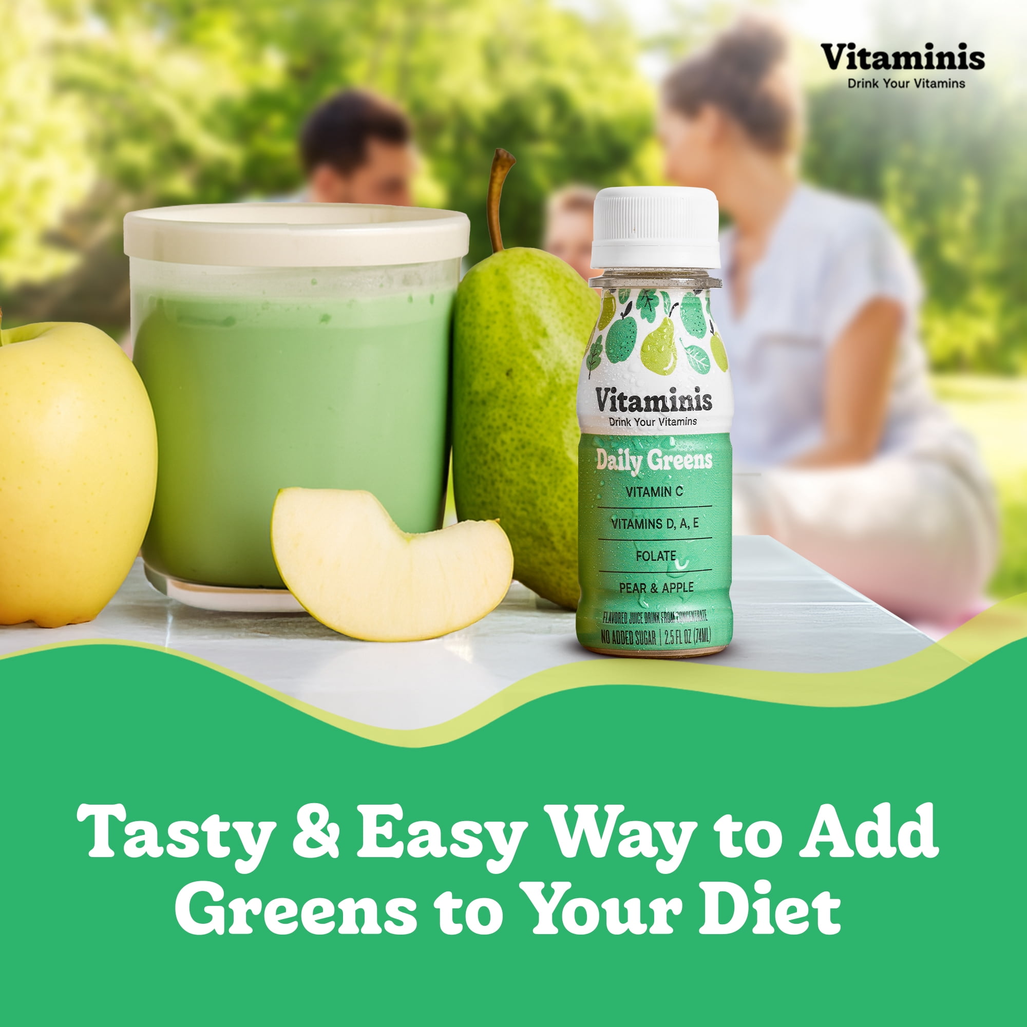 Vitaminis Daily Greens Shot, Apple Pear Juice Drink with Vitamins C, D, A, E & Folate, No Added Sugar, Non-GMO, Gluten-Free, Shelf-Stable Mini Bottles, 2.5 fl oz, 4 Count
