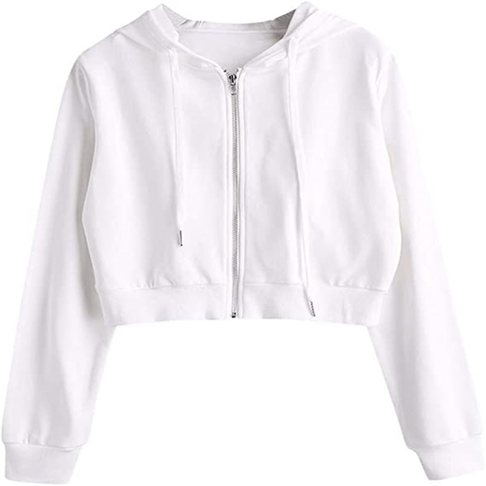 Women's Drawstring Zip Up Hoodie Sport Long Sleeve Crop Top Sweatshirts  Coat Jacket,White，S | Walmart Canada