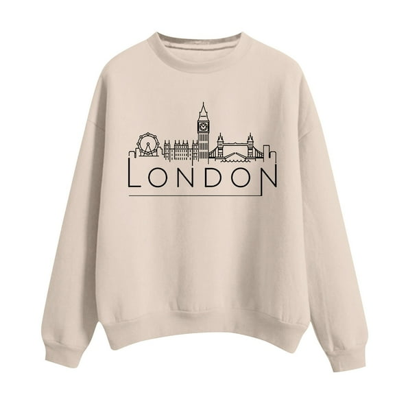 VISALY Pullover Crewneck Sweatshirt Graphic Sweatshirts Women's Solid Round Neck Long Sleeved London Printed Casual Sweaters Womens Sweatshirts Sweatshirt for Women Beige L