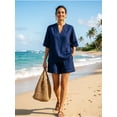 thumbnail image 3 of Two Piece Linen Short Sets for Women Short Sleeve V Neck Shirt Top and Shorts Casual Summer Travel Vacation Outfits Loose Short Sleeve, 3 of 4