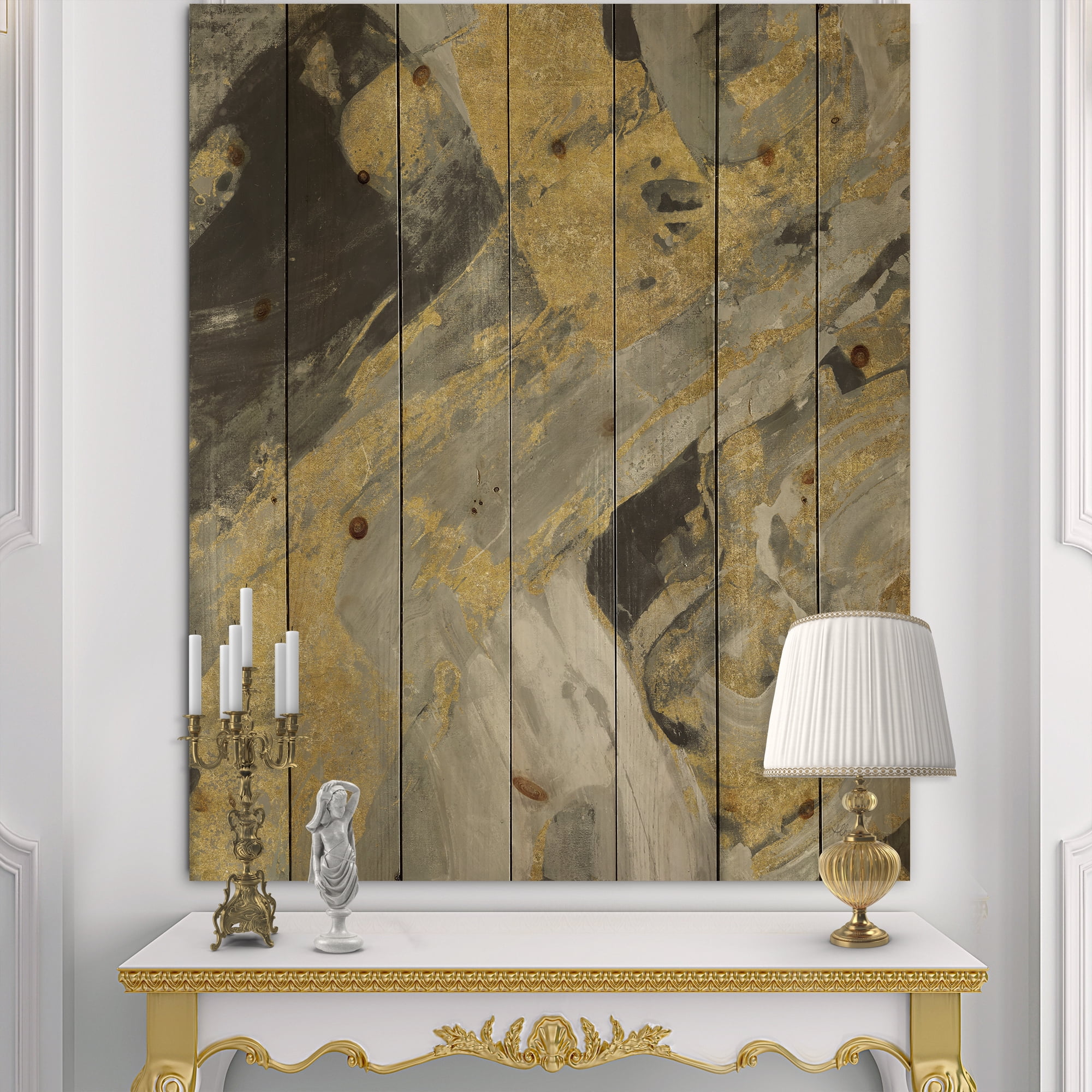Designart 'Marble Black and Gold' Modern & Contemporary Print on Natural Pine Wood