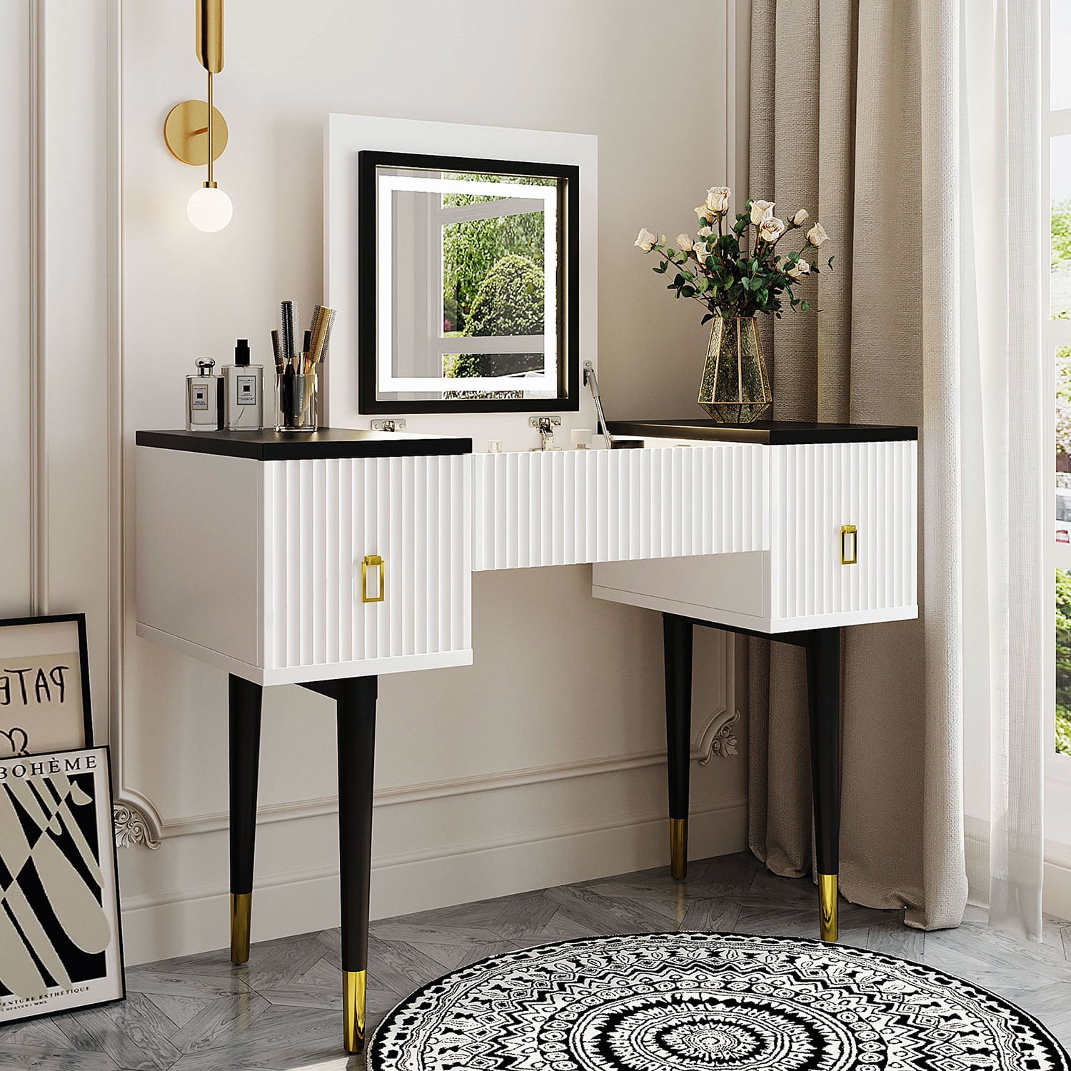 Kadyn 43.3" Modern Vanity Table Set with Flip-top Mirror and LED Light, Dressing Table with Customizable Storage, Black White