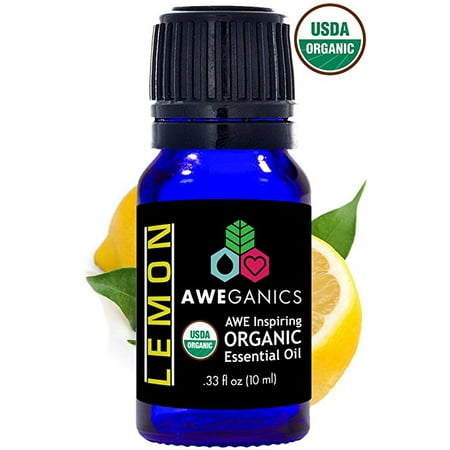 Aweganics Pure Lemon Oil USDA Organic Essential Oils, Undiluted 100% Pure Natural Premium Therapeutic-Grade, Best Aromatherapy Scented-Oils for Diffuser, Home, Office, Women, Men (10 ML) MSRP