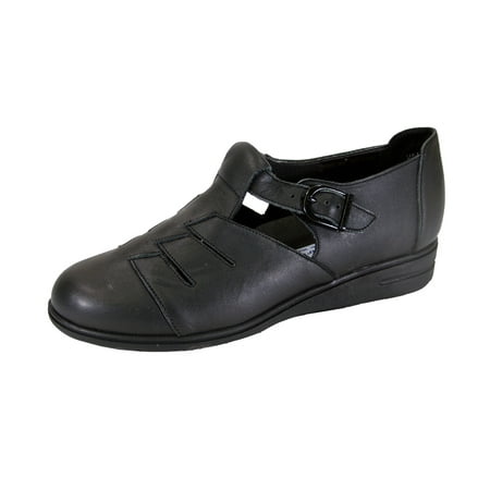 24 HOUR COMFORT Mara Wide Width Casual T-Strap Leather Shoes BLACK (The Best Shoes For Standing Long Hours)