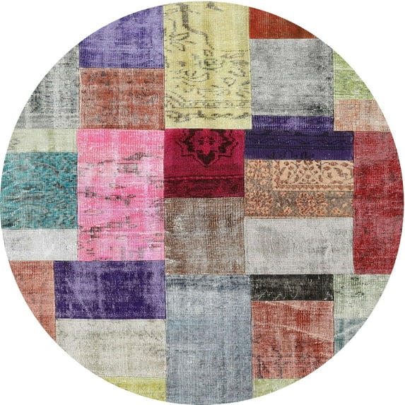 Ahgly Company Indoor Round Contemporary Raspberry Purple Patchwork Area Rugs, 3' Round