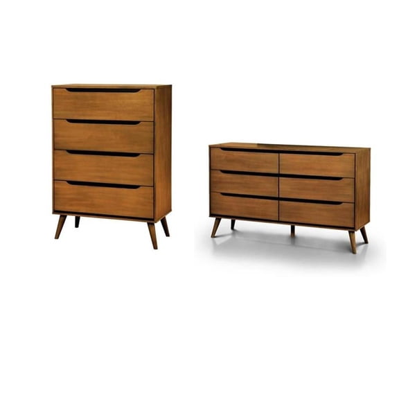 Home Square Set of 2 Mid-Century Wood 4-Drawer Chest and 6-Drawer Dresser in Oak