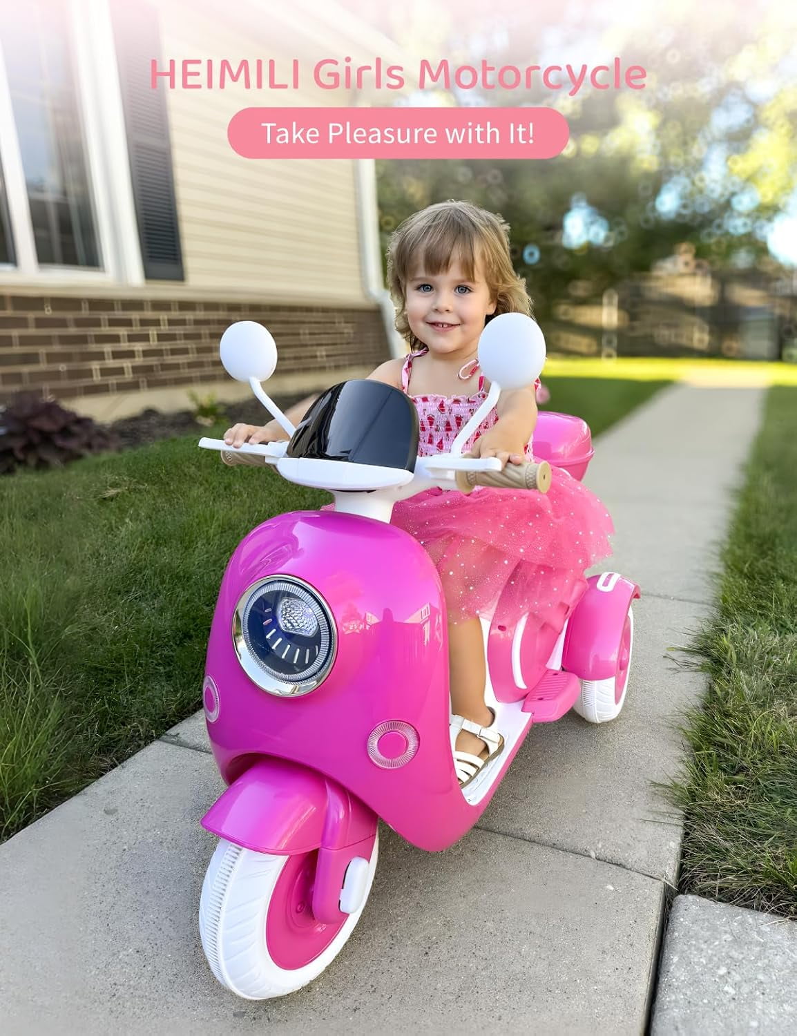 TCARAIWEN Girls Electric Motorcycle, 2 Seats Kids Motorcycle,12V Ride On Scooter for Kids with Storage Compartments, Cute Design with Stable 3-Wheel Structure, Ideal Moped for Girls Ages 3-6 (Rose)