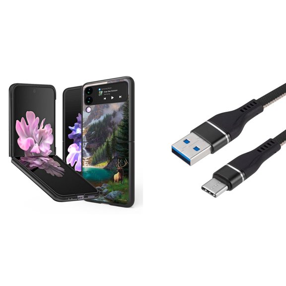 Bemz Premium Bundle for Samsung Galaxy Z Flip 3 5G: Slim Snap-On Protector Case (Moose Wilderness), Nylon Braided USB-C to USB-A Cable (3 Feet)