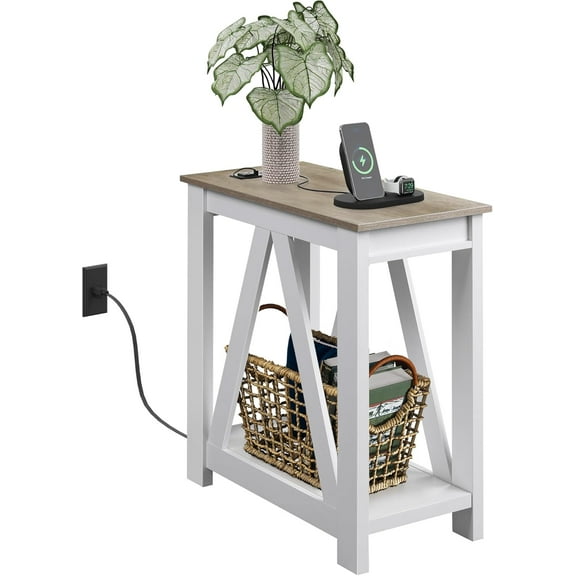 Narrow End Table with Charging Station of Open Storage Shelf, Sofa Side Table with 2 USB Ports and 2 Power Outlets, Slim Farmhouse End Table for Small Spaces, Bedroom, Living Room