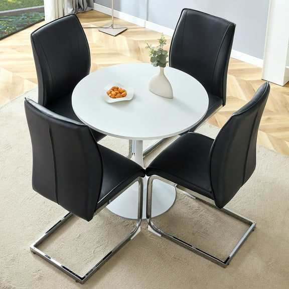 4-Seater Dining Set: 31.9" Round White Table & 4 Black PU Chairs w/ Silver Legs - Kitchen/Dining Room. Modern Design, Easy Assembly, MDF & Metal.
