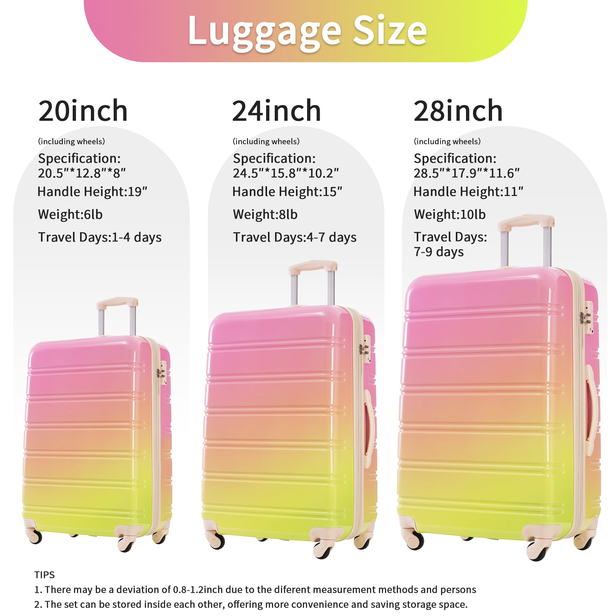 MAYEERTY 3-Piece Gradient Color PC Luggage Set with TSA Lock for Travel, 20"+24"+28"Lightweight&Hardshell Suitcases