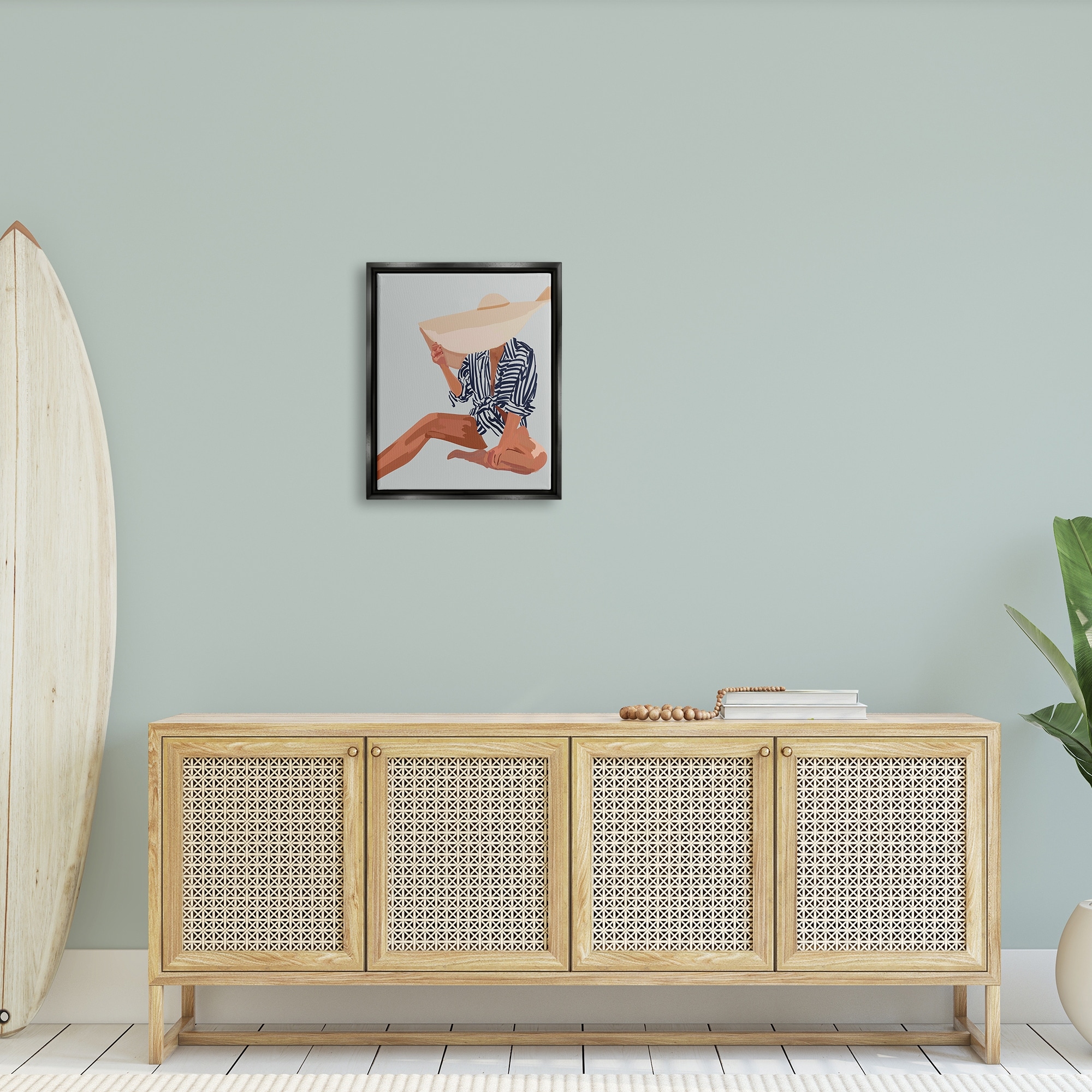 Stupell Industries Woman Obscured By Sun Hat Summer Beach Portrait Graphic Art Jet Black Floating Framed Canvas Print Wall Art, Design by Amelia Noyes