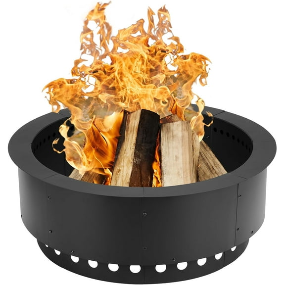 36 Inch Outer Round Smokeless Fire Pit Ring, 30 Inch Inner Double Layer Heavy Duty Metal Fire Pit Insert Liner for Backyard Bonfire Outside Picnic BBQ, Black，Fire Pit