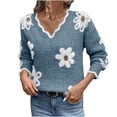 thumbnail image 2 of Wutalume Women's Casual Fashion Floral Jacquard V-Neck Knitted Sweater, Elegant Printed Top, Loose Fit Long Sleeve Pullover for Stylish Everyday Wear,Sky Blue S, 2 of 6