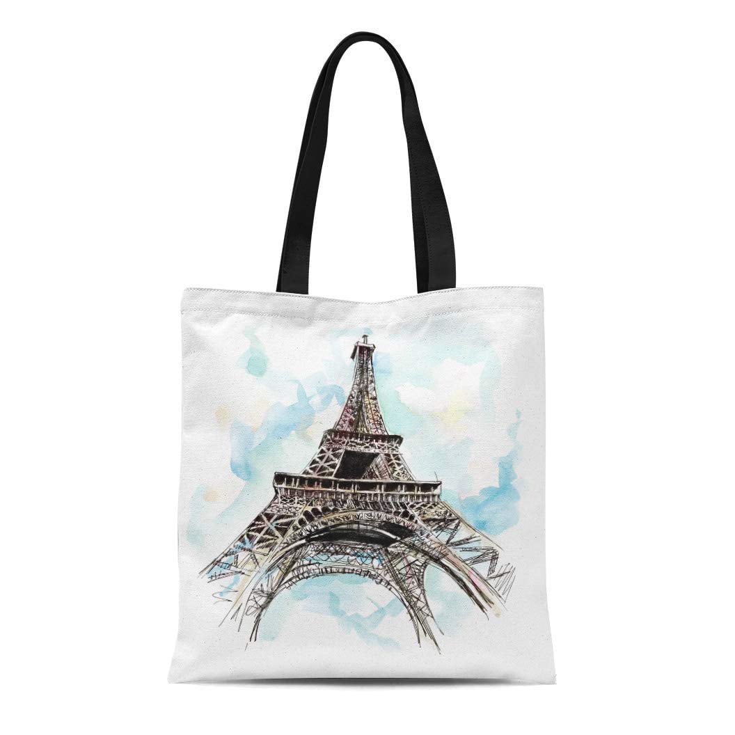 ASHLEIGH Canvas Tote Bag Drawing Eiffel Tower Gel Pen and Watercolor ...