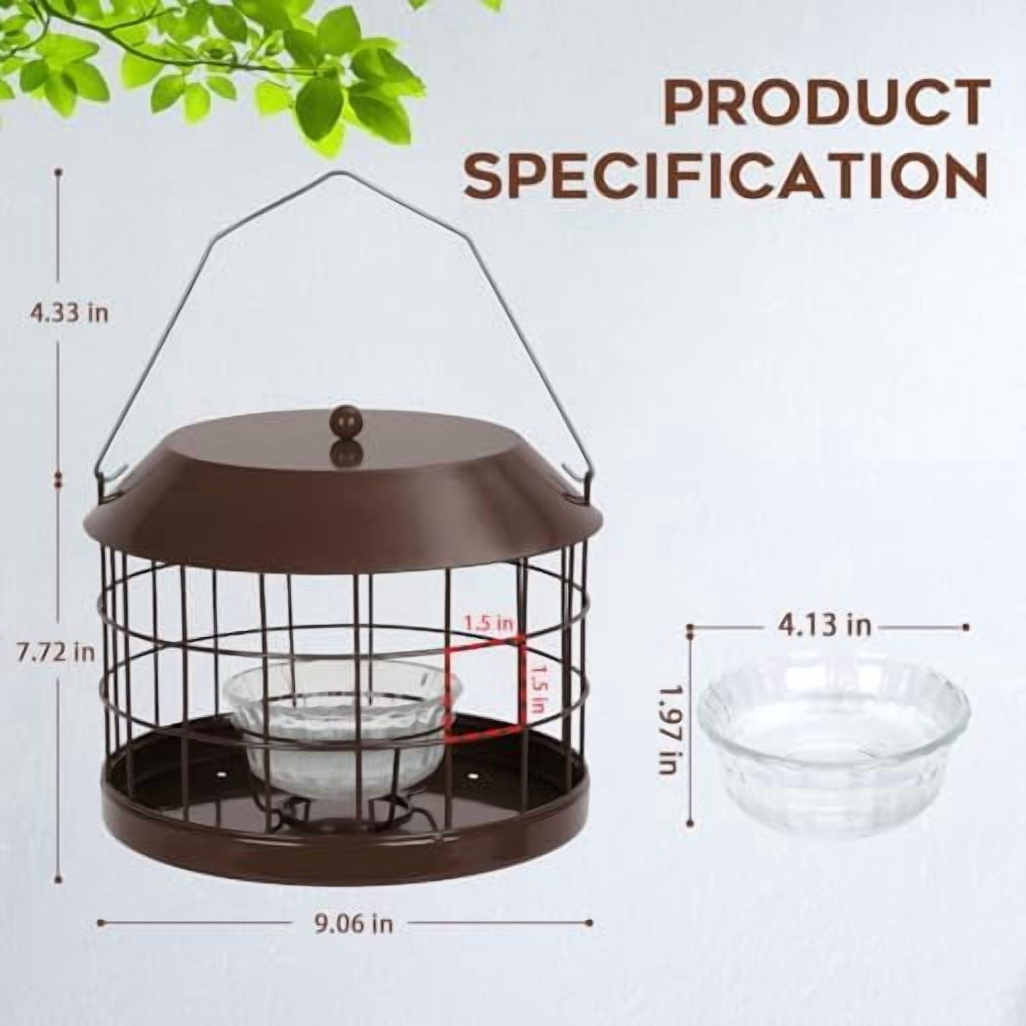 Caged Bluebird Feeder for Mealworms with Glass Bowl, Squirrel Proof Bird Feeder for Small Birds Only, Detachable Hook, Large Space, Outdoors Weatherproof, Metal, Brown