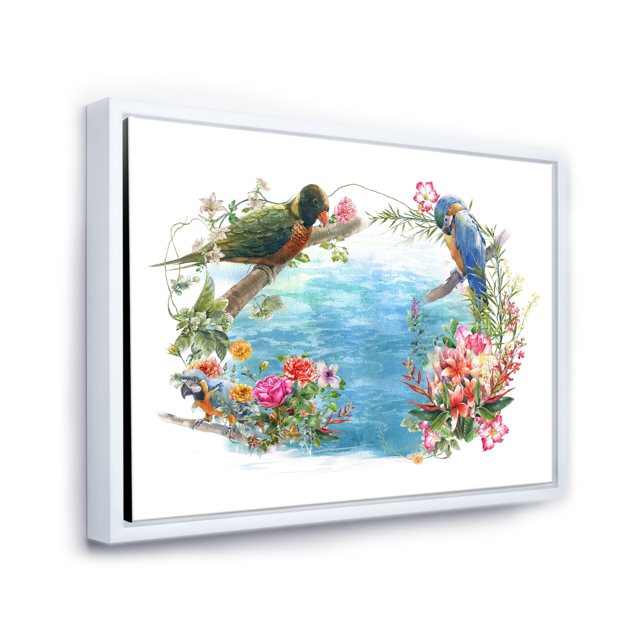 Parrots and Flowers By The Blue Waterside 40 in x 30 in Framed Painting Canvas Art Print, by Designart