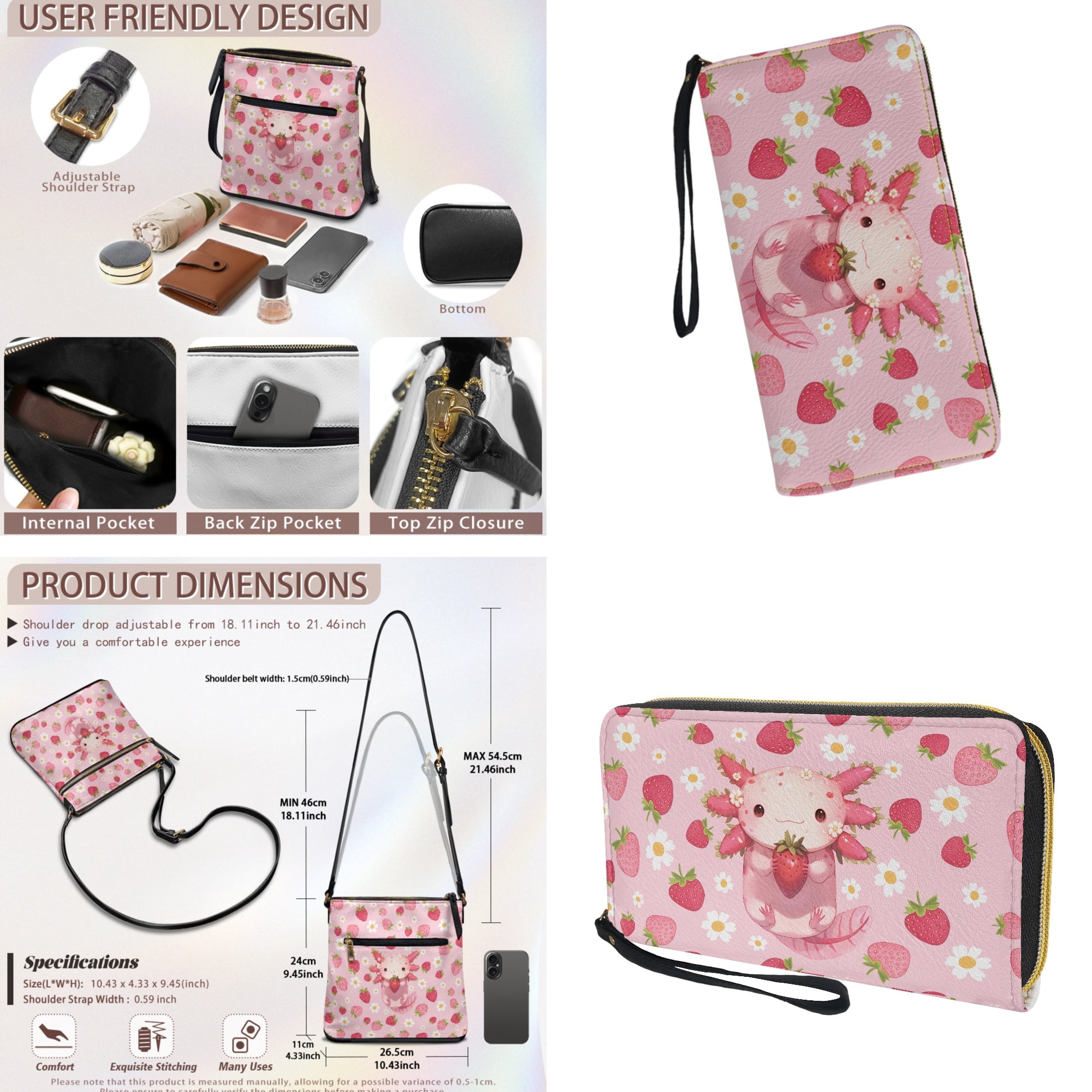 ZUXONGSY Axolotl Strawberry Print Trendy Crossbody Handbag & Wallet Set for Women, PU Leather Hobo Purse with Multi-Pockets, Adjustable Strap