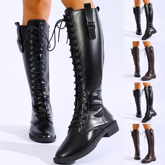 Women Lace Up Knee High Combat Boots Low Chunky Heel Knee Length Boots Closed Toe Tie Up Boots,Flats Knee High Boots Brown 9.5(43)