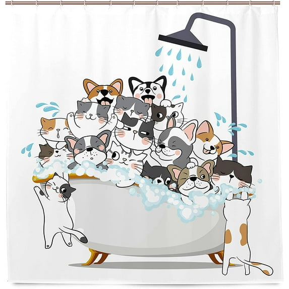 Sonernt Cute Cats and Dogs Shower Curtain Raining Kids Cartoon Corgi Animal 72x72 Inch Hilarious Pets Playing Water 12 Pack Hooks Polyester Waterproof Fabric Bathroom Bathtub