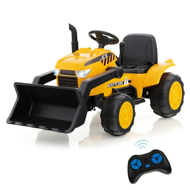 Costway Excavadora de Paseo para Niños a Batería 12V con Cazo de Excavación Ajustable Faros LED y Música 114 x 58 x 59 cm Amarillo