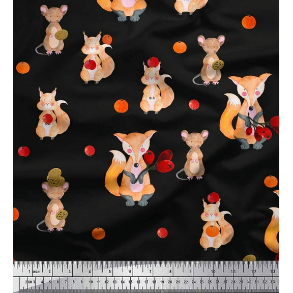 Soimoi Black Cotton Duck Fabric Fox & Bunny Kids Print Fabric by the Yard 42 Inch Wide