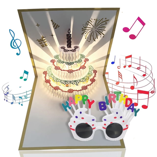Tarjetas de cumpleaños 3D, tarjeta de pastel de cumpleaños con luz LED cálida de música con reproducción automática, tarjetas de felicitación musicales