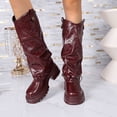 thumbnail image 6 of Domuza Women's Fall Winter Round Toe Platform Mid Calf Boots, Slouchy Pants Shaft Side Zipper Thick Sole Long Boots Wine 7（EU-38）, 6 of 7