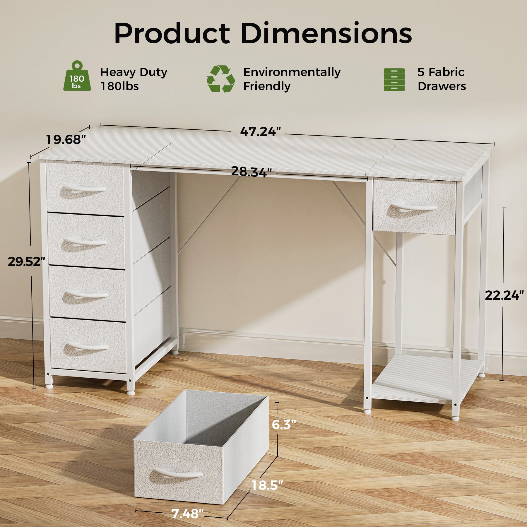 EXRACING 47 inch Carbon Fiber Gaming Computer Desk with 5 Fabric Drawers and Storage Organizers, White