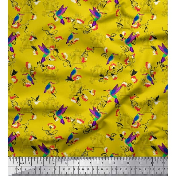 Soimoi Yellow Cotton Poplin Fabric Cage & Humming Bird Printed Fabric 1 Yard 42 Inch Wide