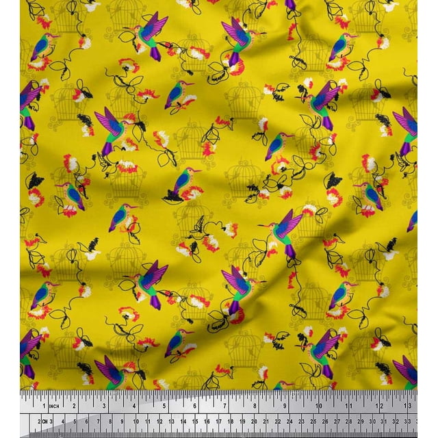 Soimoi Yellow Cotton Duck Fabric Cage & Humming Bird Print Sewing Fabric Yard 42 Inch Wide