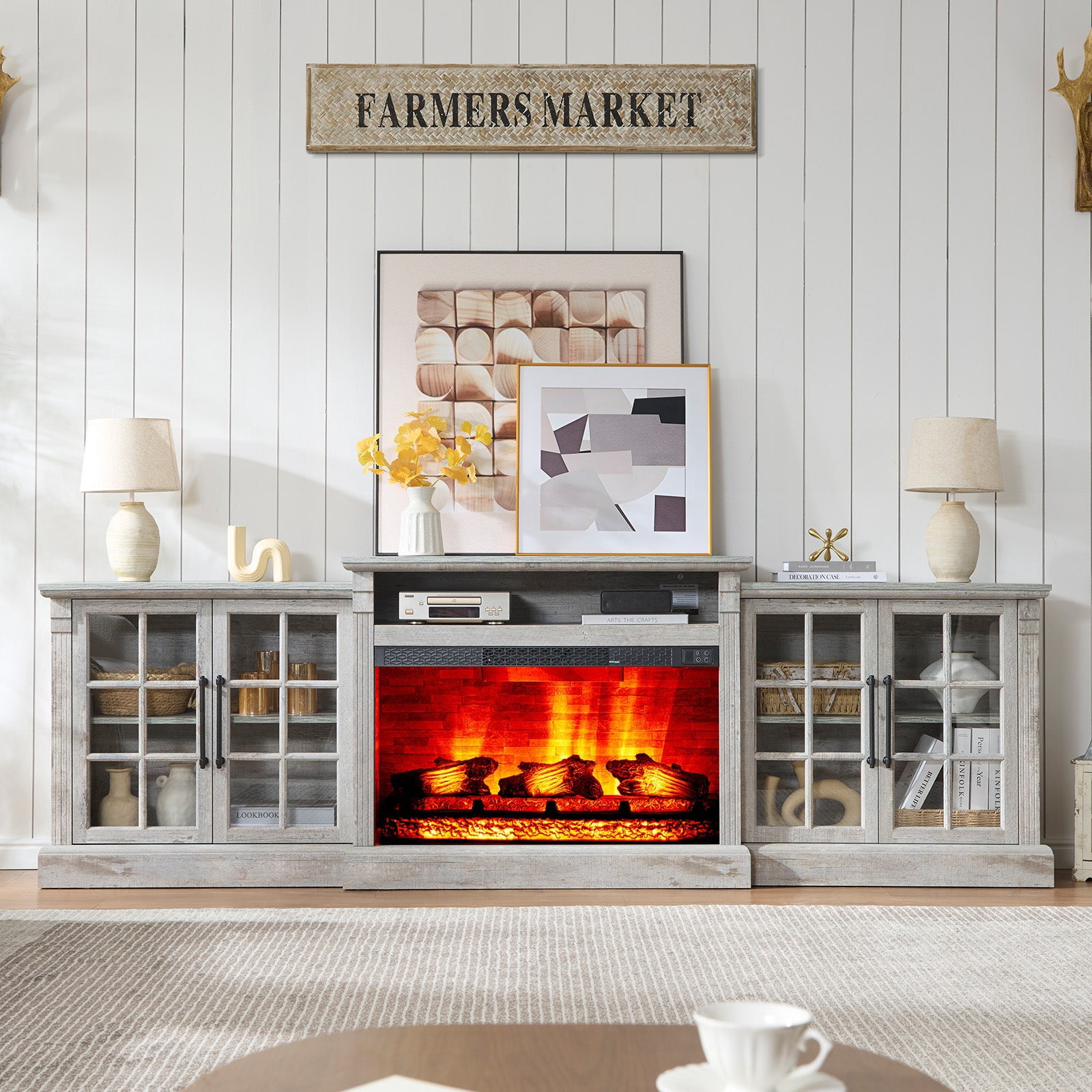 Merluxy 97" Farmhouse Fireplace TV Stand, Entertainment Center with Large Storage Space and Adjustable Shelf for Living Room, Light Grey