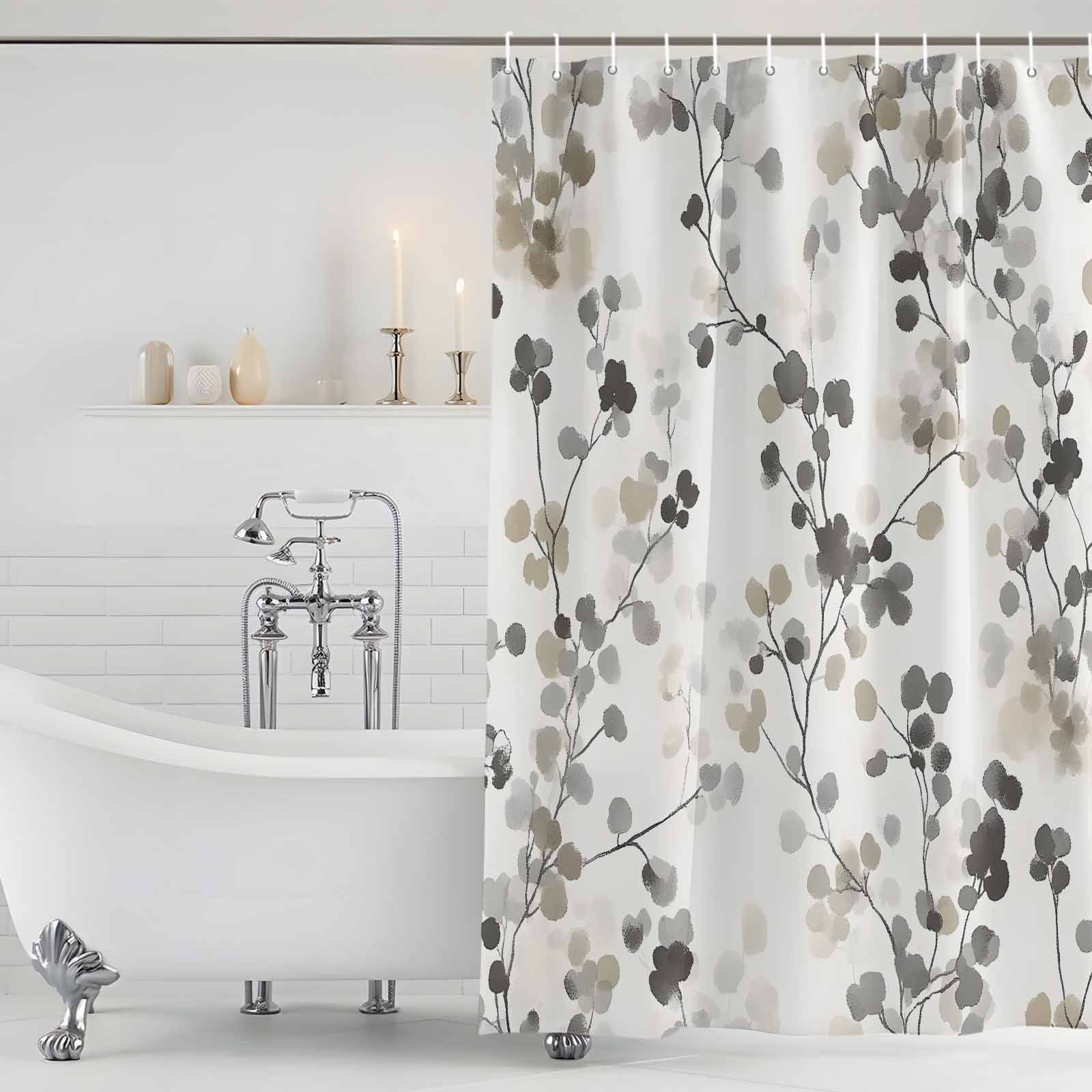 Shower Curtain Bathroom Set Gray Brown Botanical Watercolor Waterproof Fabric Shower Curtains with Grommets&Hooks, Retro Country Floral Leaves Privacy Bath Curtain for Bathtub 72x72in
