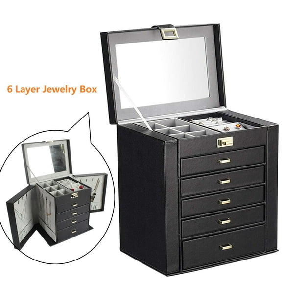6 Layers Womens Jewellery Boxes Table Top Large Leather Chest Jewelry Organizer Case w/ Removeable Drawers