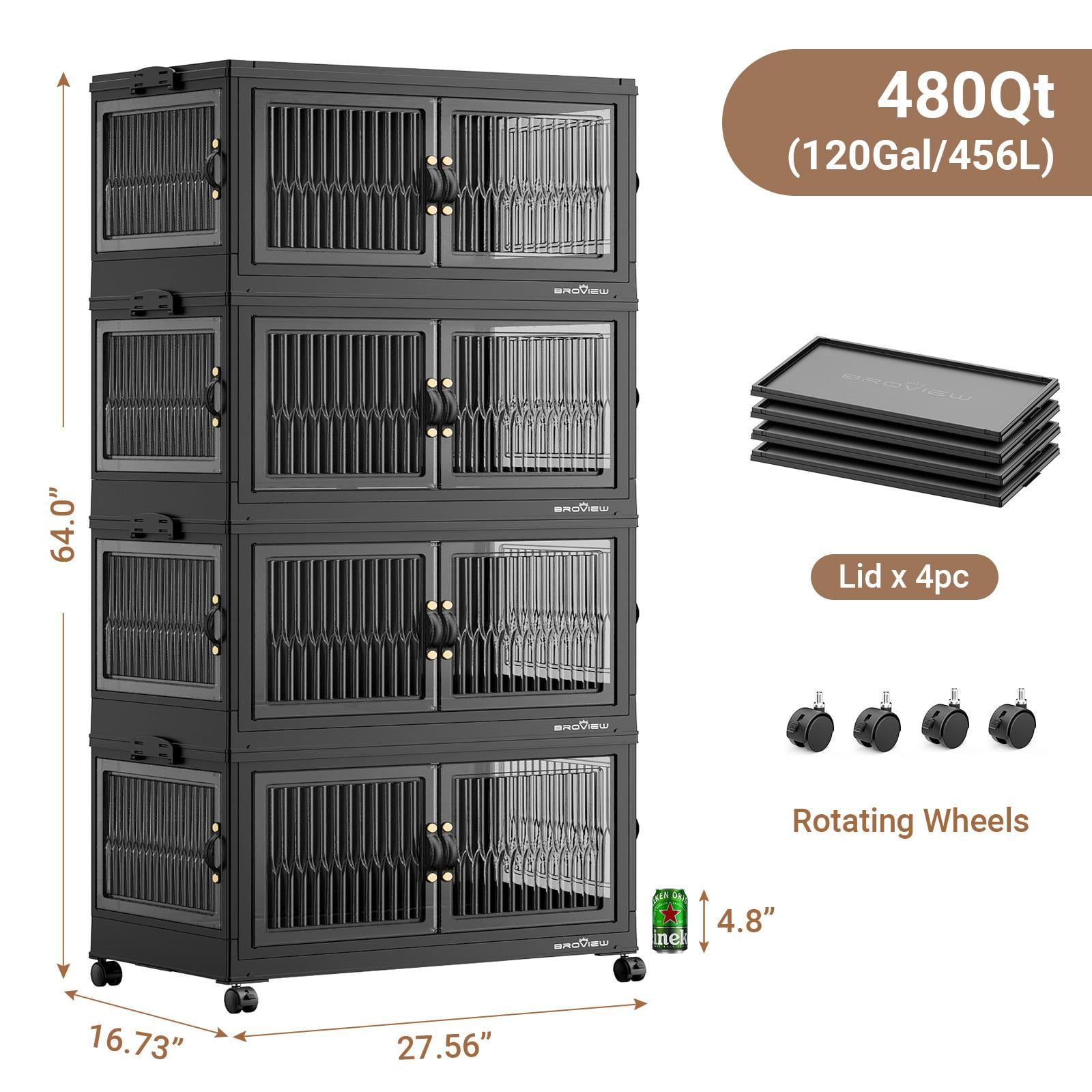 BROVIEW 480QT Large Stackable Storage Bins with Lids and Wheels, Plastic Closet Organizer and Storage Drawer, Collapsible Storage Cabinet with Doors for Home Kitchen, 4Pack Black