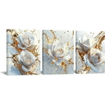 Hieng 3 Pieces Gold and White Rose Canvas Wall Art Abstract Floral Prints for Bedroom Living Room Bathroom Hallway Modern Home Decoration (only canvas)