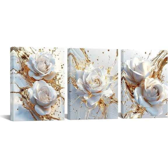 Hieng 3 Pieces Gold and White Rose Canvas Wall Art Abstract Floral Prints for Bedroom Living Room Bathroom Hallway Modern Home Decoration (only canvas)