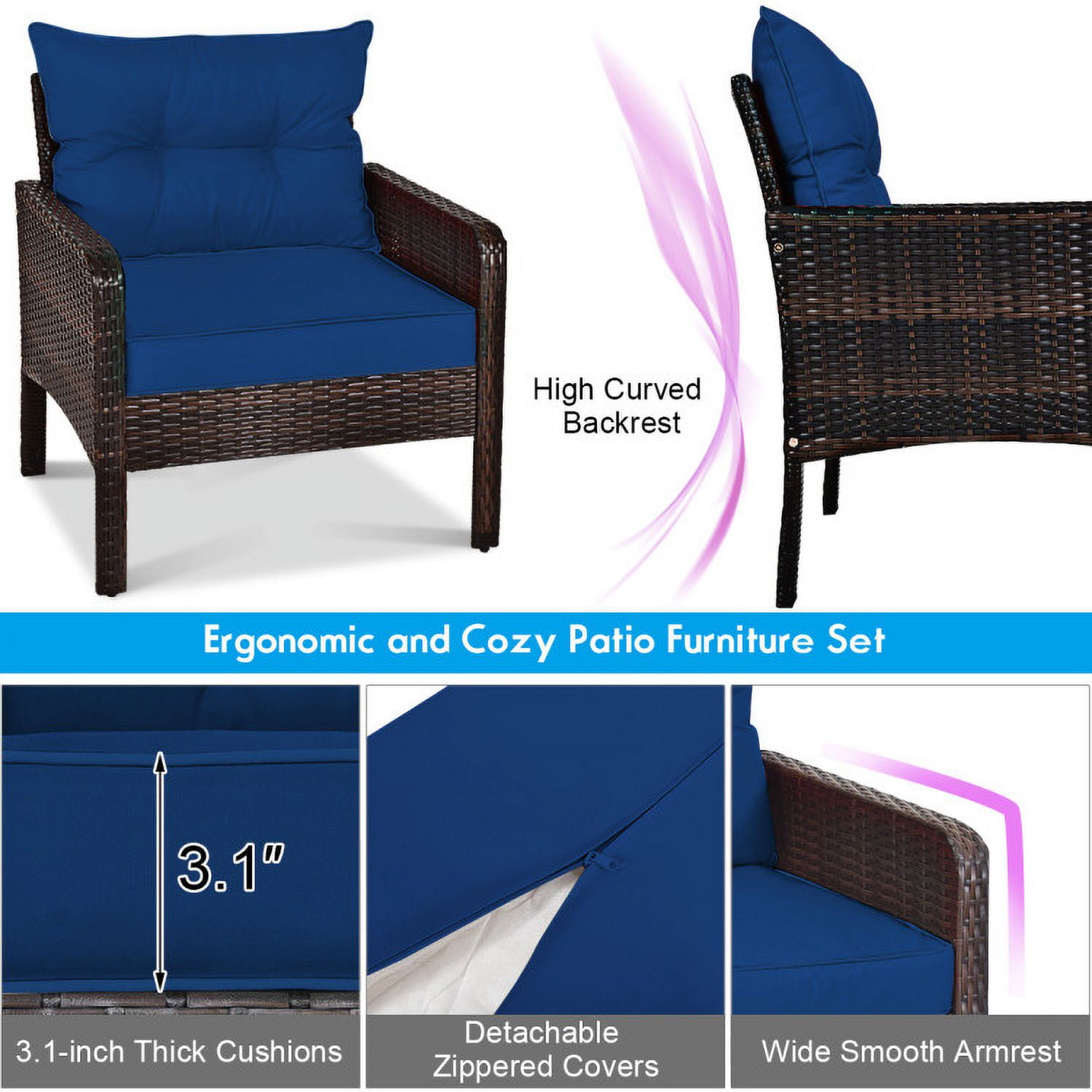Aimee Lii 5 Pieces Patio Rattan Sofa Ottoman Furniture Set with Cushions, Outdoor Patio Furniture, Navy Aimee Lii 5 Pieces Patio Rattan Sofa Ottoman Furniture Set with Cushions, Outdoor Patio Furniture, Navy