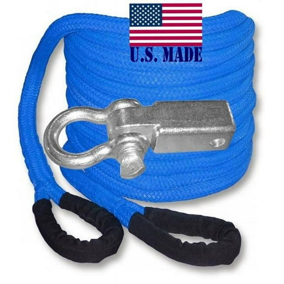 U.S. made SAFETY BLUE Safe-T-Line- Kinetic Snatch ROPE - 1 inch X 30 ft with Receiver Shackle Bracket (4X4 VEHICLE RECOVERY)