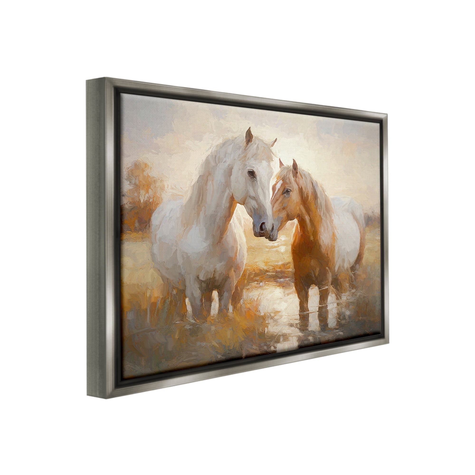 Stupell Industries Horses in Shallow Creek Animals & Insects Painting Gray Floater Framed Canvas Art Print Wall Art, 21 x 17