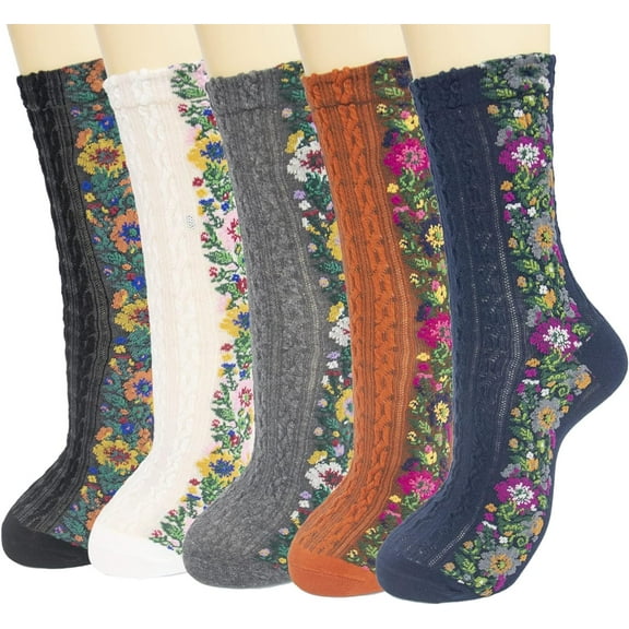 Dalrosia 5 Pairs Women's Novelty Floral Pattern Socks, Aesthetic Vintage Ethnic Style Socks for Girls, Above Ankle Crew Stretch Socks