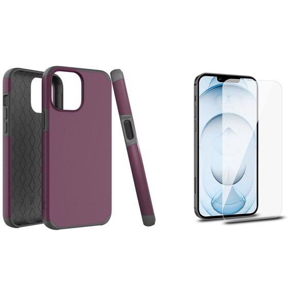 Bemz iPhone 13 Pro Bundle: Dual Layer Shockproof Protection Case, Glass Screen Protectors (2-Pack), Glass Screen Protectors (2-Pack), Keychain Touch Tool - Dark Purple