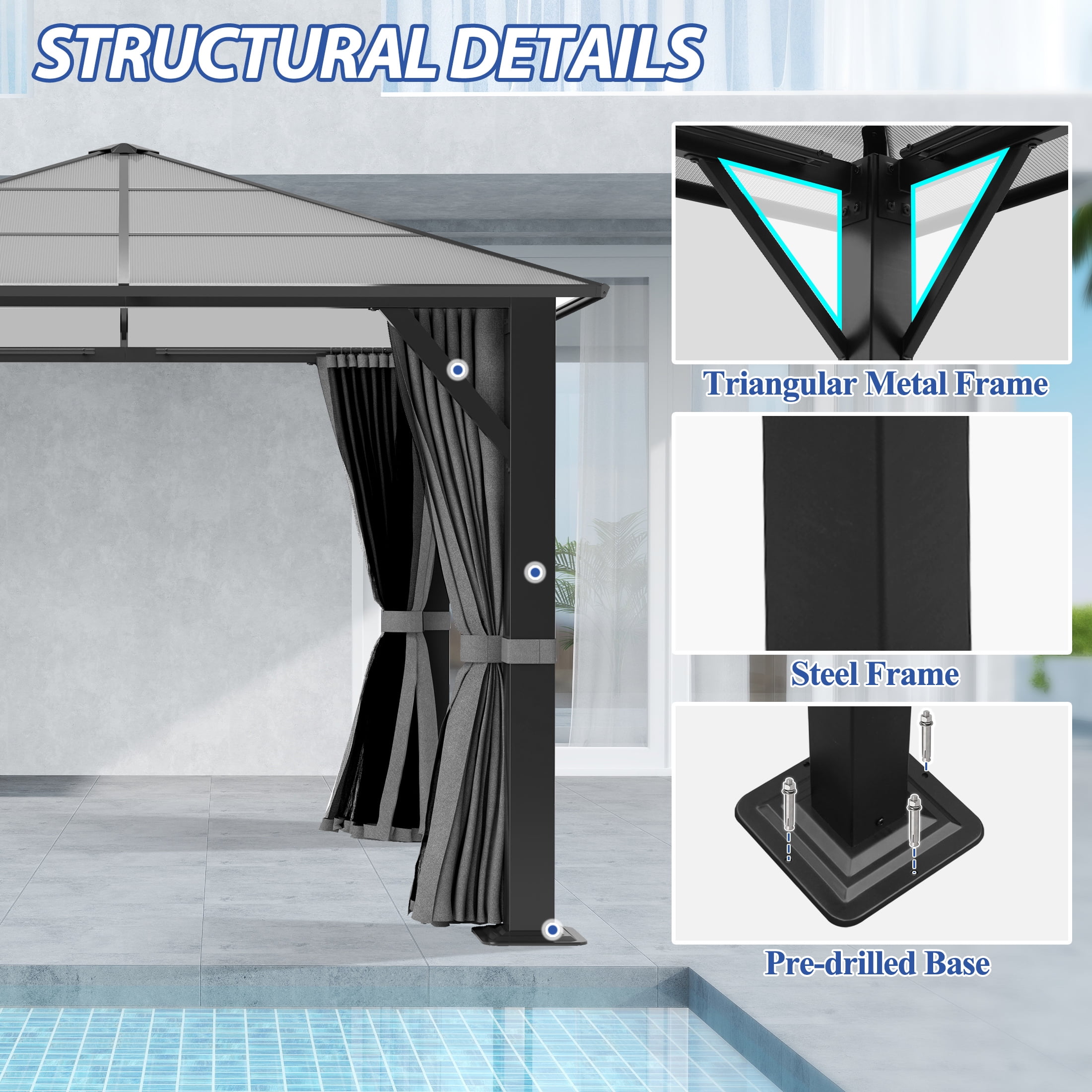 Howsvn 10' x 10' Hardtop Gazebo, Outdoor Polycarbonate Roof Gazebo with Steel Frame, Permanent Pavilion with Netting& Curtains