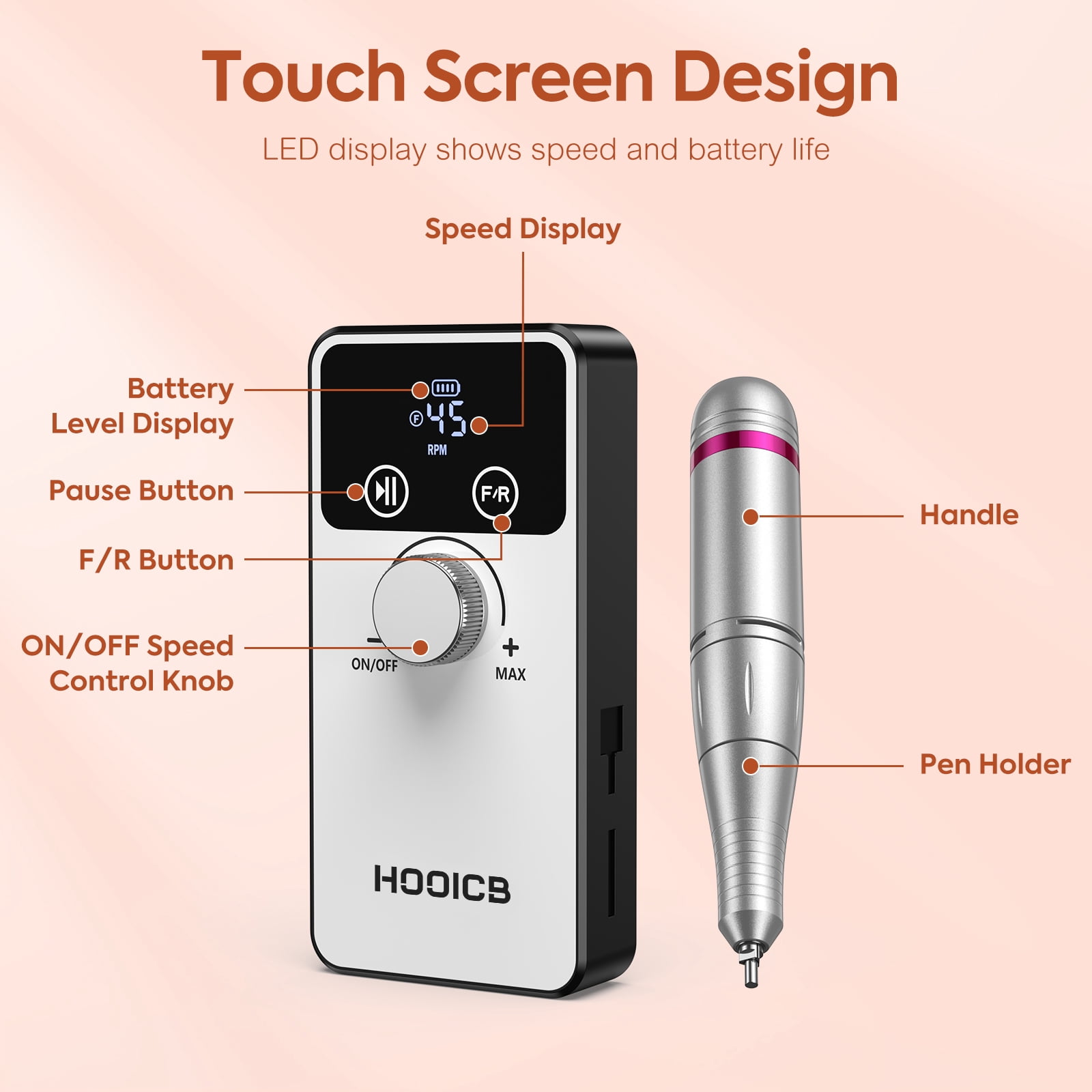 HOOICB Nail Drill, 45000rpm Professional Drills for Acrylic Nails, Portable Electric File Manicure Tools, Cordless Rechargeable Efile Kit