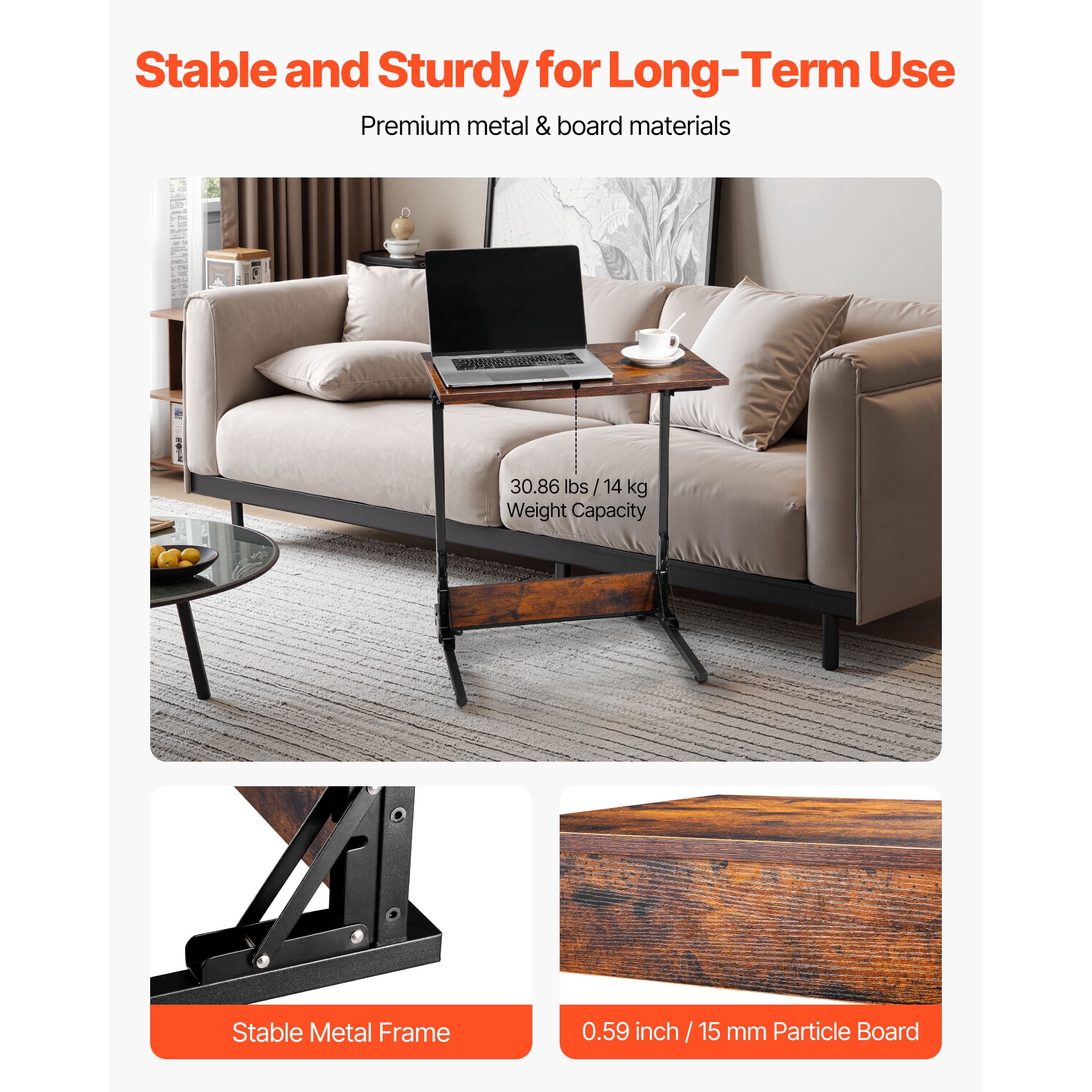 KFFKFF Folding C-Shaped End Table with Metal Frame & Adjustable Feet, Compact Foldable Side Table for Living Room, Bedroom, or Office, 23.62 x 14.57 x 27.56 inch TV Tray, Brown and Black