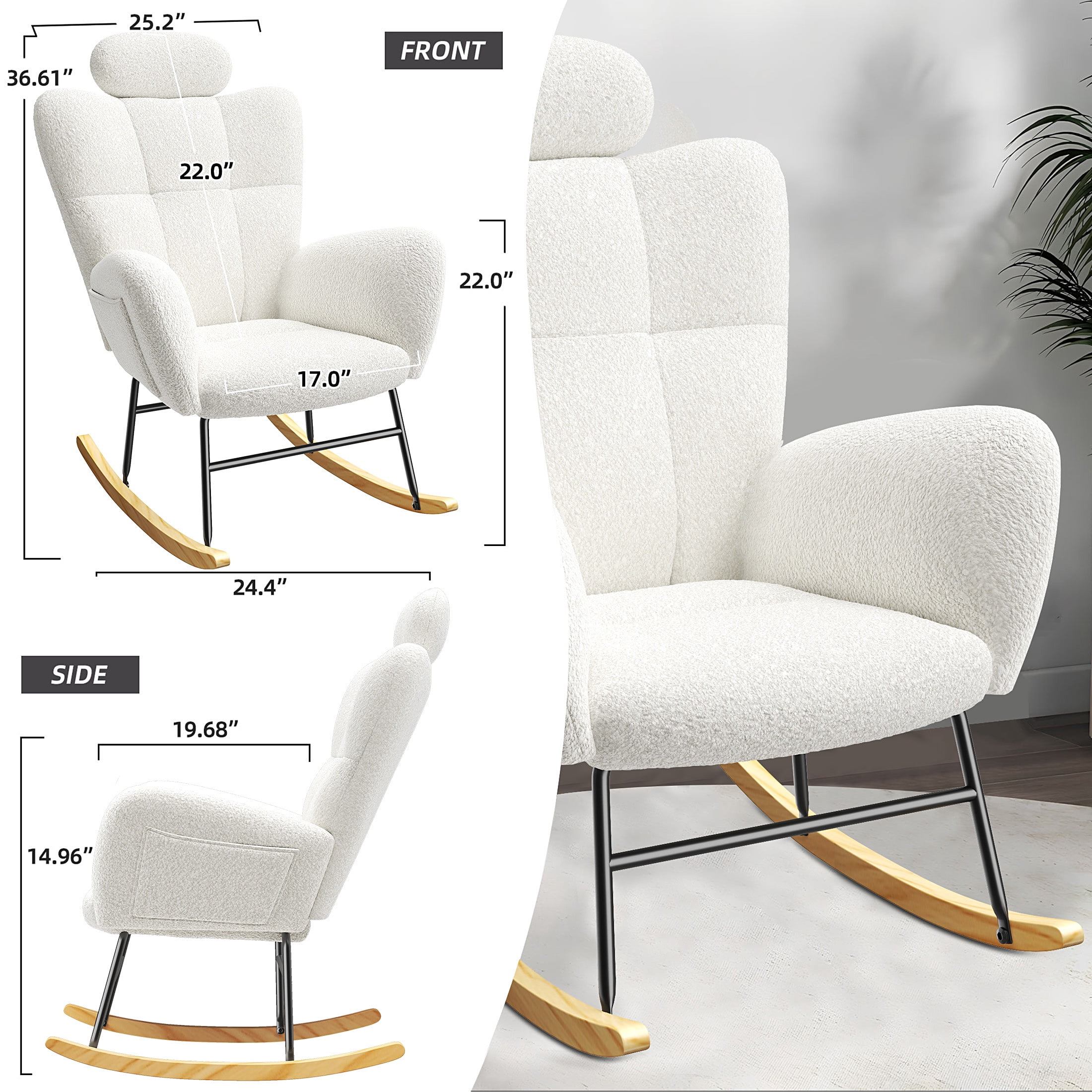UHOMEPRO Modern Teddy Fabric Rocking Chair, Accent Rocker Chair with High Backrest, Accent Glider Rocker for Living Room Bedroom Playroom, White