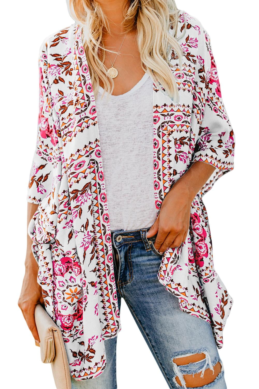 Women's White Floral Kimono Cardigan 