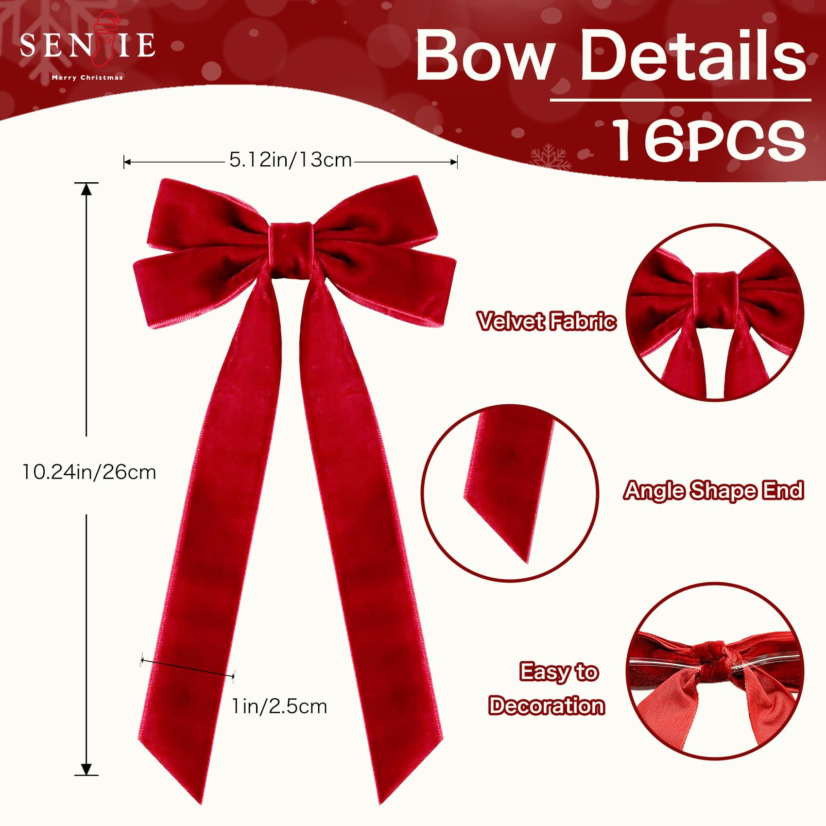 16Pcs Velvet Ribbon Bows, Burgundy Christmas Decor for Tree, Wreath & Gift Wrapping, 5x10 Inch Rustic Craft Ornaments(Red）