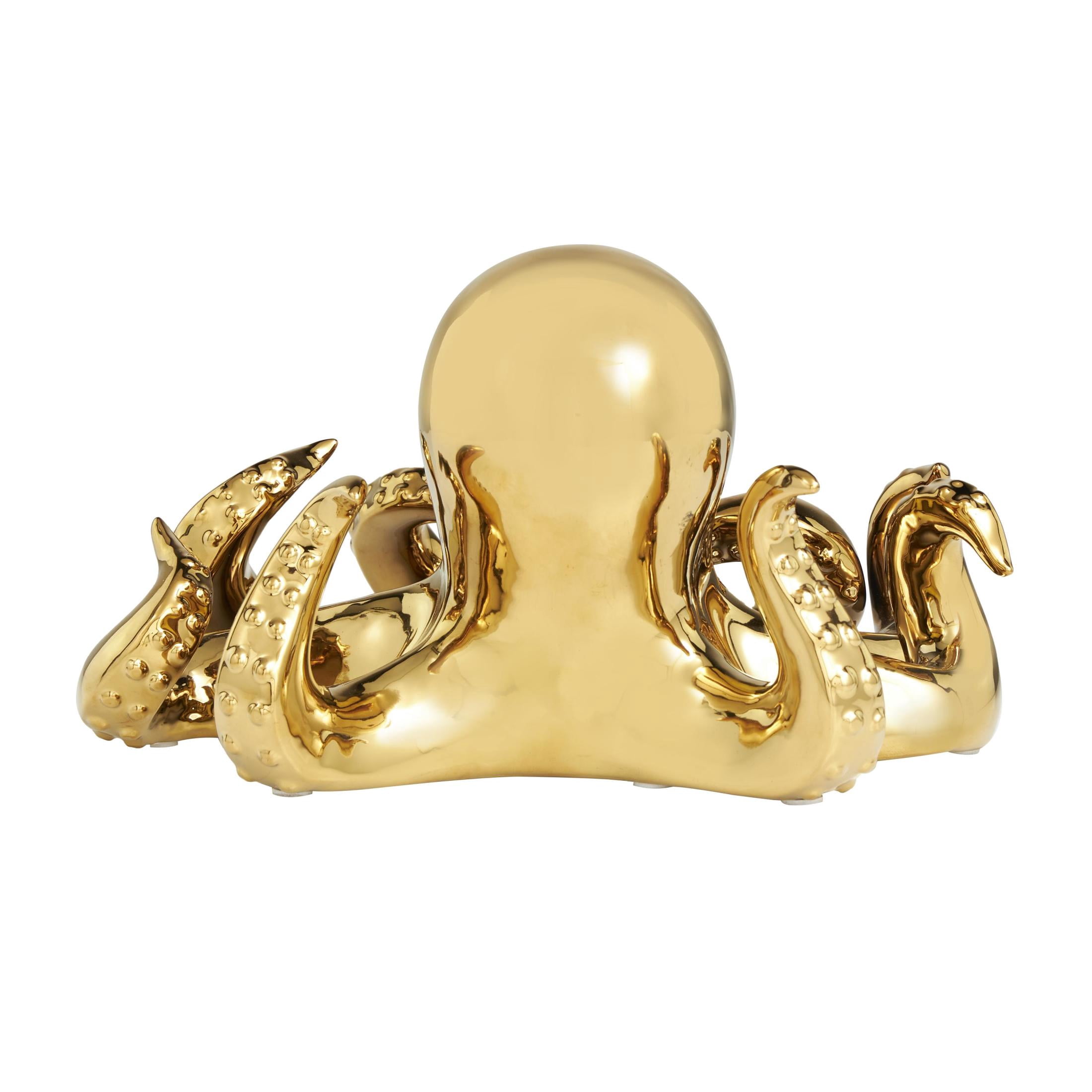 12" x 7" Gold Ceramic Octopus Sculpture with Textured Tentacles, by DecMode